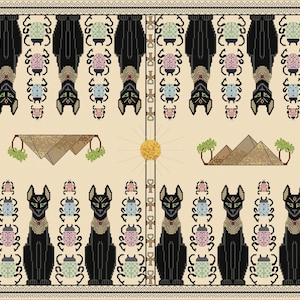 May include: A beige tapestry with a repeating pattern of black cats and scarab beetles. The center of the tapestry features a stylized sun, two pyramids, and palm trees.