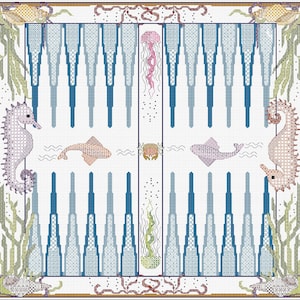 May include: A colorful cross-stitch pattern depicting an underwater scene with seahorses, fish, jellyfish, and seaweed. The pattern is framed with a decorative border.