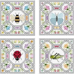 May include: Four square cross-stitch designs featuring insects. A bee, butterfly, ladybug, and grasshopper are centered within a white square, surrounded by a decorative border of flowers, leaves, and geometric patterns. The designs use a variety of colors.