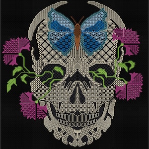 May include: A black and white skull with a blue butterfly and pink flowers. The skull is made of a geometric pattern.