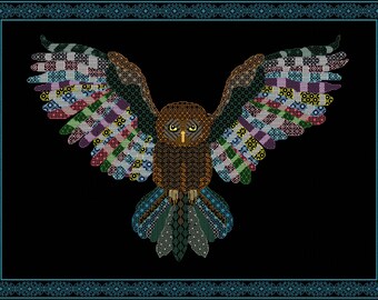 Blackwork Embroidery Owl in Rainbow Colours