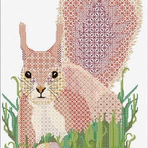 May include: A cross-stitch design featuring a squirrel with a bushy tail, set against a white backdrop. The squirrel is depicted in shades of brown, beige, and red, with an acorn and green grass. The design uses a variety of stitches.