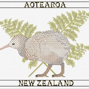 May include: A cross-stitch design featuring a kiwi bird with a long beak and brown feathers, set against green fern fronds. The text "AOTEAROA" is at the top, and "NEW ZEALAND" is at the bottom, all in black.