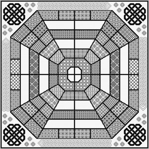 May include: Black and white geometric pattern with a Celtic knot design in the corners. The pattern is made up of repeating squares and circles.