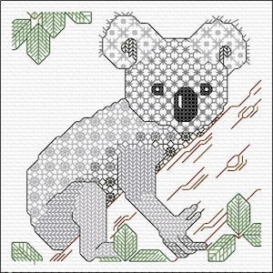 Könnte beinhalten: Kreuzstichmuster eines Koala-Bären, der auf einem Ast sitzt. Der Koala ist grau mit schwarzer Nase und Augen. Der Ast ist braun und die Blätter sind grün. Der Hintergrund ist weiß.