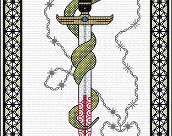 May include: A cross-stitch embroidery design featuring a red heart pierced by a sword wrapped in a green snake. The sword is dripping blood onto a white rose with red roses on either side. The background is a white fabric with a gray chain link pattern.
