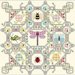 May include: A cross-stitch pattern featuring a central dragonfly surrounded by a bumblebee, a ladybug, a butterfly, and a grasshopper. The design includes a geometric black-lined frame with colorful floral motifs and small insects.