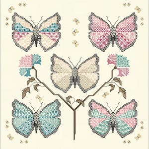 May include: A cross-stitch embroidery pattern on a cream background featuring five butterflies with intricate geometric wing designs in shades of pink, teal, and beige, accompanied by two stylised flowers on a brown stem and small butterfly motifs.