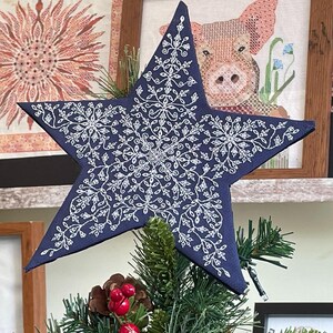 Könnte beinhalten: Ein dunkelblauer sternförmiger Christbaumspitzen mit einem weißen Schneeflockenmuster. Der Stern sitzt auf einem grünen Weihnachtsbaum.