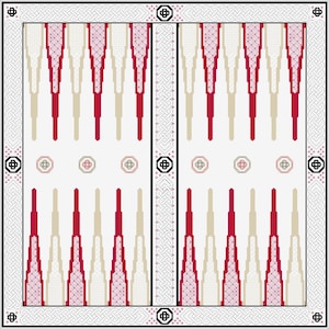 May include: A rectangular backgammon board featuring a white surface with alternating red and beige triangular points. The board is framed by a black and white Celtic knot border and includes small octagonal motifs along the center divider.