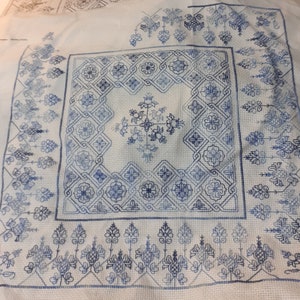 Puede incluir: Una tela blanca con un diseño bordado en azul. El diseño presenta un cuadrado central con un patrón repetitivo de diamantes y flores. El cuadrado está rodeado por un borde de flores y hojas más pequeñas.