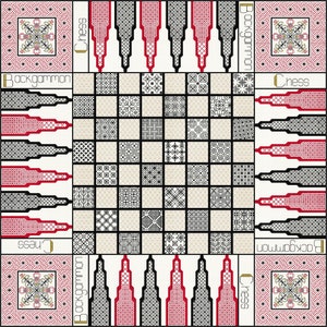 May include: A black and white checkered board with intricate patterns in each square. The board is surrounded by two sets of game boards, one for chess and one for backgammon. The chess board is labeled "Chess" and the backgammon board is labeled "Backgammon".