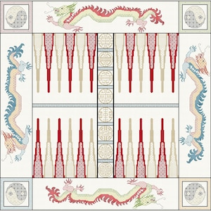 May include: A Chinese checkers game board with red and beige playing pieces. The board is decorated with dragons and yin yang symbols.