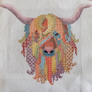 Blackwork Embroidery Highland Cow