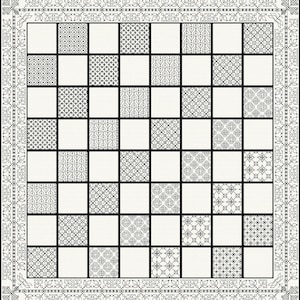 May include: A square black and white cross-stitch pattern featuring an eight-by-eight grid. The grid alternates between plain white squares and squares filled with various intricate geometric and floral motifs, all enclosed by a decorative border.