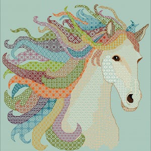 May include: A cross-stitch pattern featuring a horse head with a flowing mane. The horse is white with a light blue background. The mane consists of long, wavy strands in various colors including orange, green, purple, and blue, each filled with intricate geometric patterns.