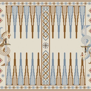May include: A beige and brown game board with a blue and white pattern. Two dragons with swords are on either side of the board. The board has a Celtic knot design on the sides.