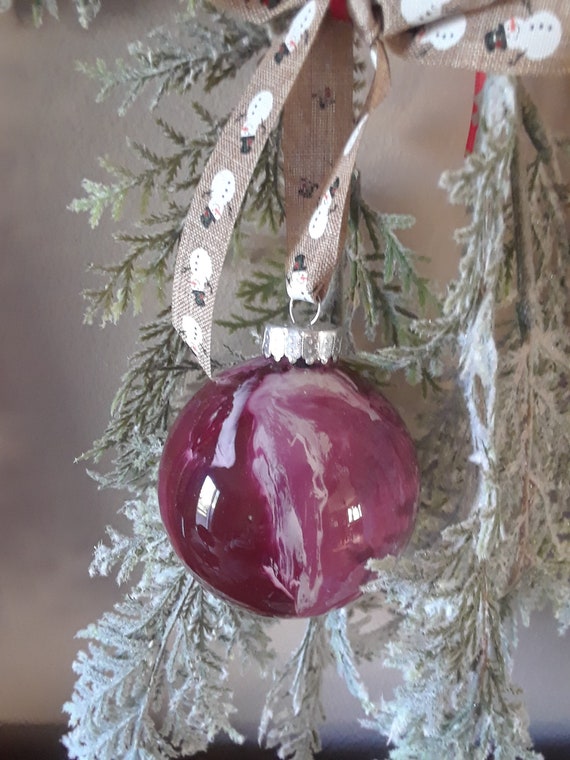 Christmas Ornament Burgundy Swirl With Snowman Ribbon Etsy