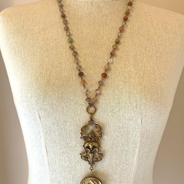 Vintage French Joan of Arc Gold Medallion Chatelaine Necklace With Mixed Gemstones