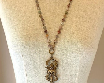 Vintage French Joan of Arc Gold Medallion Chatelaine Necklace With Mixed Gemstones