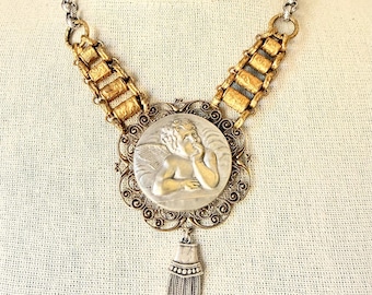Vintage French Cherub Angel Pendant Chain Necklace