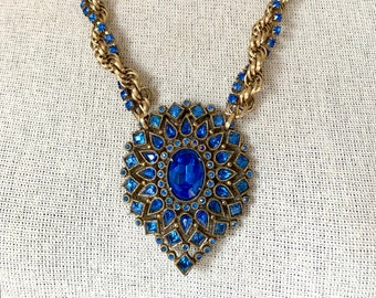 Vintage Art Deco Sapphire Blue Rhinestone Pendant Necklace With Gold Rope Chain