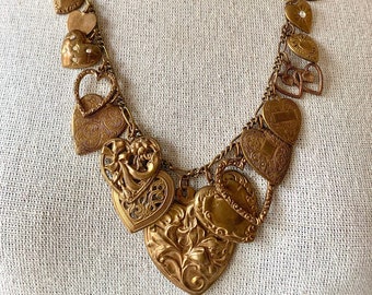 Vintage brass multi heart charm necklace