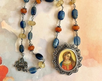 Vintage French Silver Virgin Mary Portrait Pendant Necklace With Kyanite, Citrine & Carnelian Beads