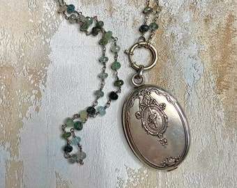 Vintage French Art Nouveau Sterling Mirror Flower Basket  Locket Pendant Necklace, Moss Aquamarine Bead Chain