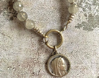 Faceted Grey Quartz Beaded Gemstone Bracelet with Vintage French Virgin Mary Medal Charm