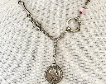 Vintage Victorian Silver Enameled Watch Fob Chain Necklace With Rose Quartz Gemstone Charm