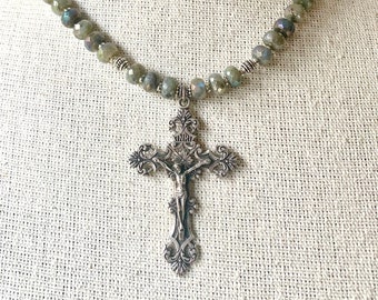Vintage Sterling Silver Cross Necklace With Faceted Labradorite Gemstone Beads