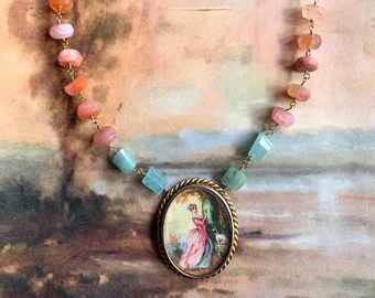 RESERVED FOR LISA- Vintage French Miniature Portrait Pendant Necklace With Strawberry Quartz & Aquamarine Beads