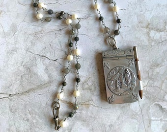 Vintage French Lourdes at Notre Dame Silver Notebook Pendant With Pencil on Gemstone Chain Necklace