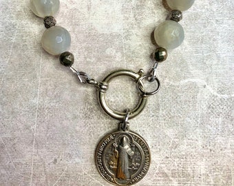 Faceted Moonstone Beaded Gemstone Bracelet with Vintage French St. Benedict Medal Charm