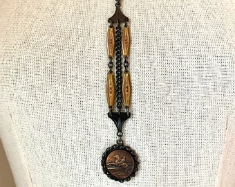 Vintage Horse Race Jockey Equestrian Watch Fob Chain Necklace Black & Gold With Copper Charm