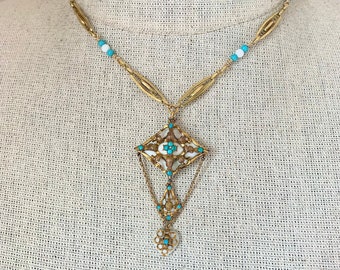 Vintage Victorian 14k Gold Filled Chalcedony & Turquoise Pendant Necklace With Filigree Chain