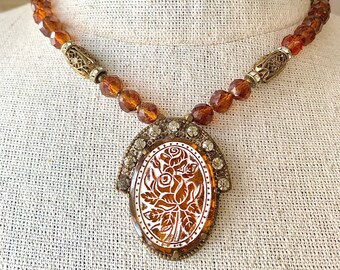 Vintage Carved Glass Floral Cameo Necklace With Honey Topaz Czech Crystal Beads