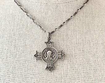 Vintage French Sterling Silver Sacred Heart Of Jesus & Mary Cross Necklace, Filigree Chain