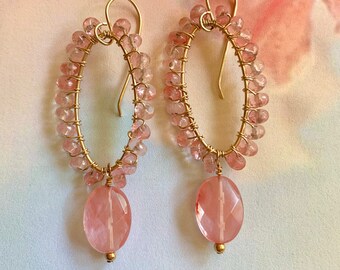 RESERVED FOR S- 14k Gold Filled Pink Strawberry Quartz Dangle Drop Earrings