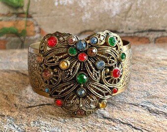 Vintage embossed brass Czech Filigree Rhinestone cuff bracelet