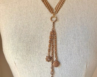 Vintage Edwardian 14K Gold-Filled Etched Watch Fob Chain Necklace With Pearl & Carnelian Charms