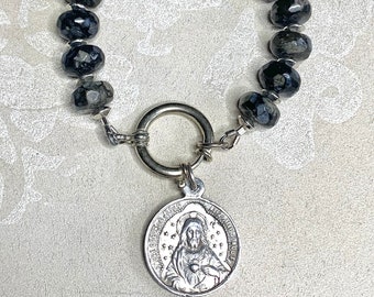 Vintage French Silver Sacred Heart Of Jesus Charm Bracelet With Que Serra Quartz Beads