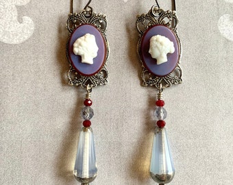 Vintage French Glass Cameo Dangle Earrings With Ruby, Iolite & Silvered Opal  Drops