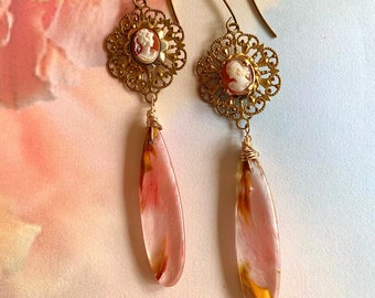 Vintage Carved Portrait Cameo & Gold Filigree Dangle Earrings With Cherry Quartz Drops