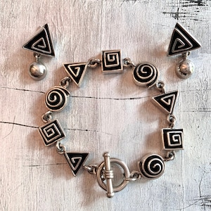 Vintage Sterling Silver & Black Enamel Taxco, Mexico Geometric Bracelet and Earrings Set