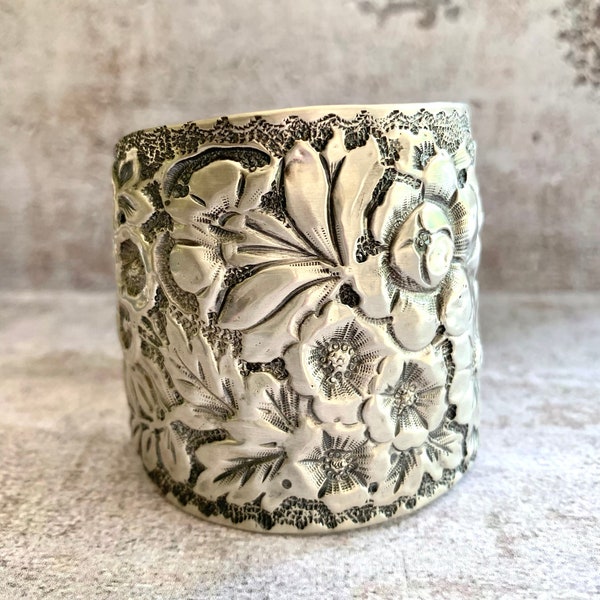 Antique Gorham Sterling Silver Victorian Floral Repousse’ Slip-On Cuff Bracelet