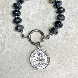 Vintage French Silver Sacred Heart Of Jesus Charm Bracelet With Que Serra Quartz Beads