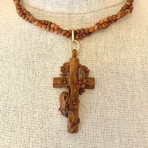 Vintage Victorian French Wooden Cross Necklace With Carved Flowers image 2