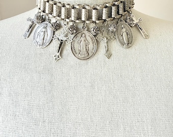 Vintage Silver Etched  Chain Choker Necklace with French Virgin Mary Medals &  Crosses